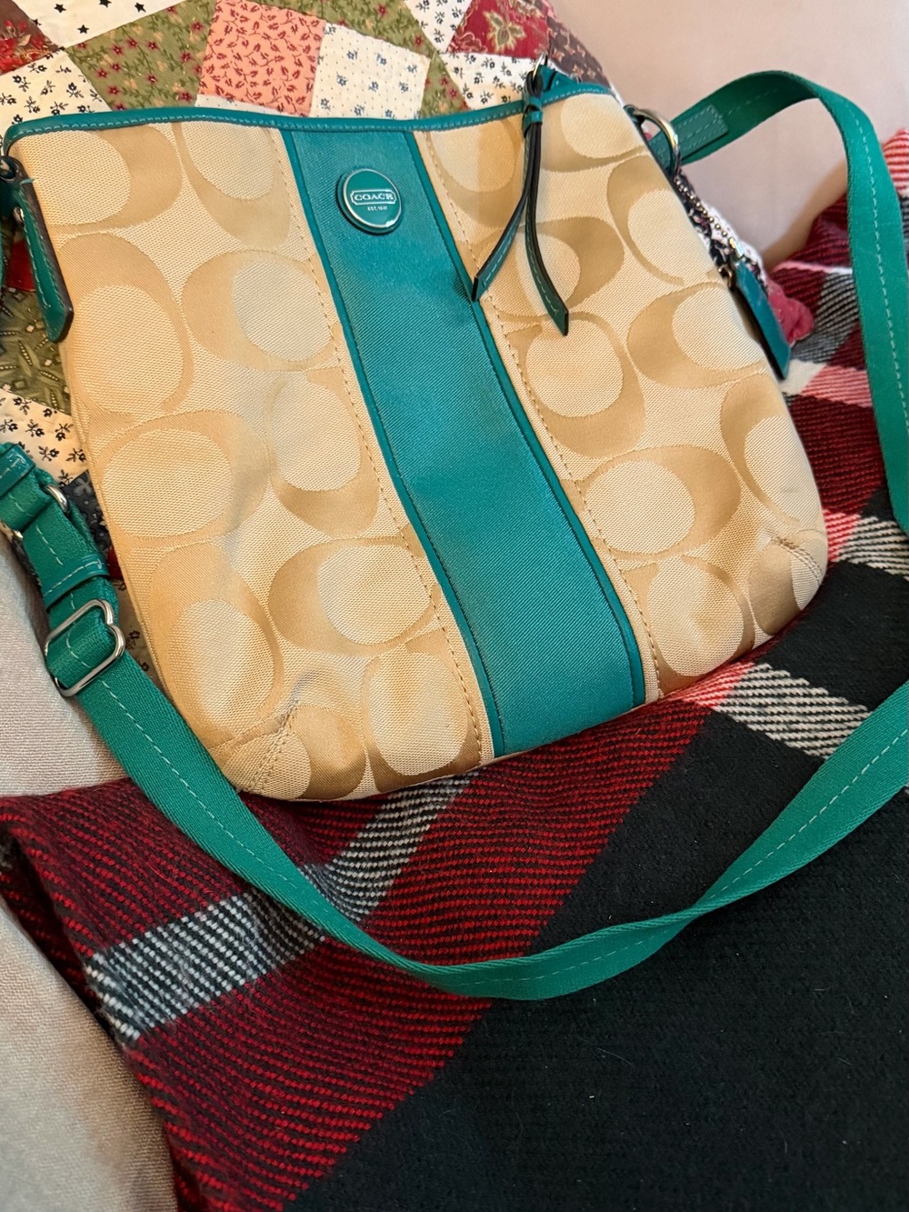 Coach Signature Crossbody Bag in Teal and Tan